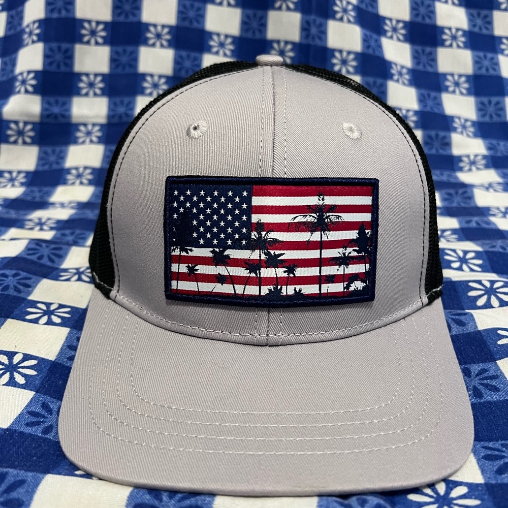 Gray Trucker Hat with American Flag and Palm Trees